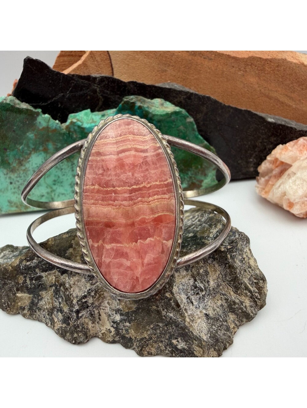 Vintage Pink Rhodochrosite Gemstone Sterling Silver Cuff Bracelet